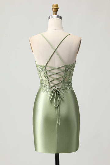 Sage Green Bodycon Corset Sequins Homecoming Dress with Lace Up Back